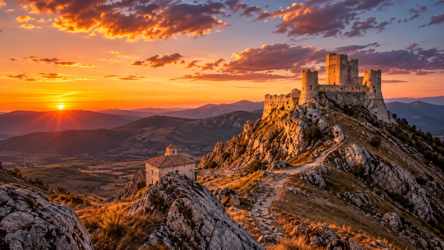 Fortress and mountain landscape beneath an orange sunset sky