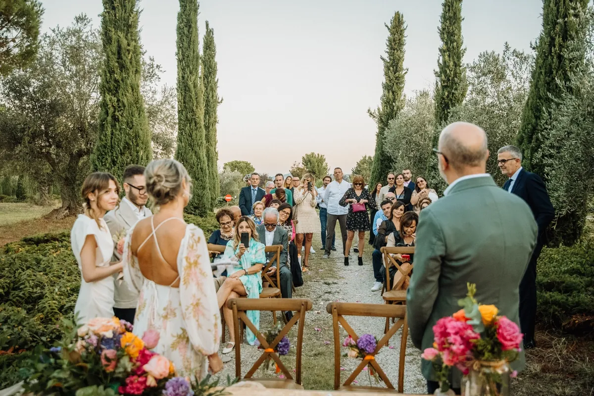 Guests gathered for an outdoor wedding ceremony among cypress and olive trees