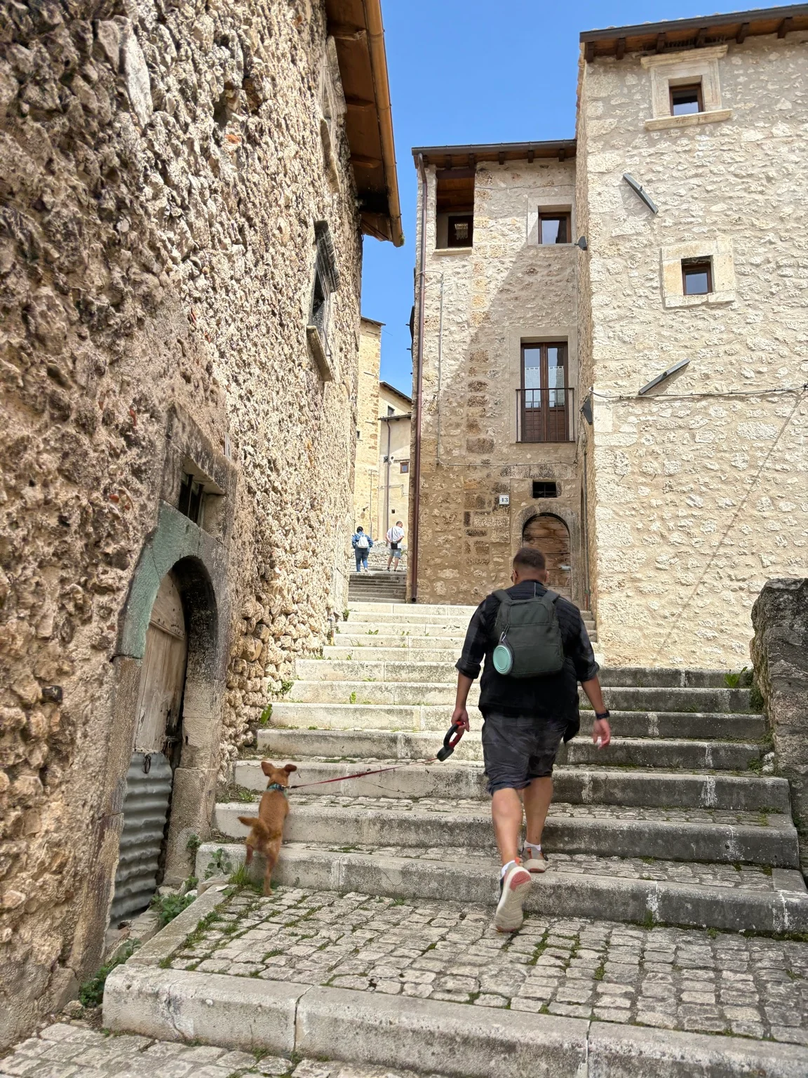 A traveller walking with a pet up stone steps between historic village buildings.